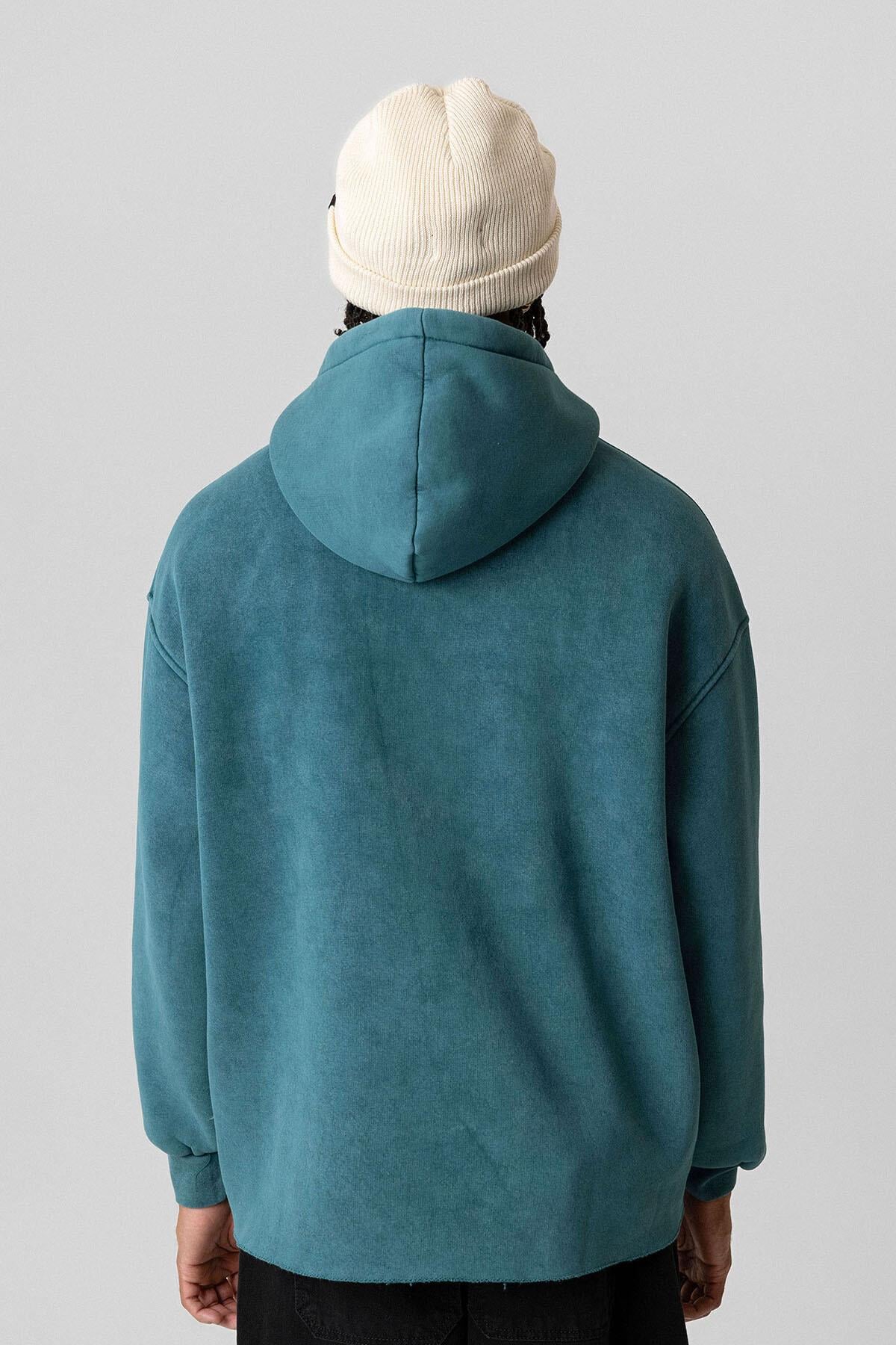 Yıkamalı Oversize Kapüşonlu Sweatshirt Petrol