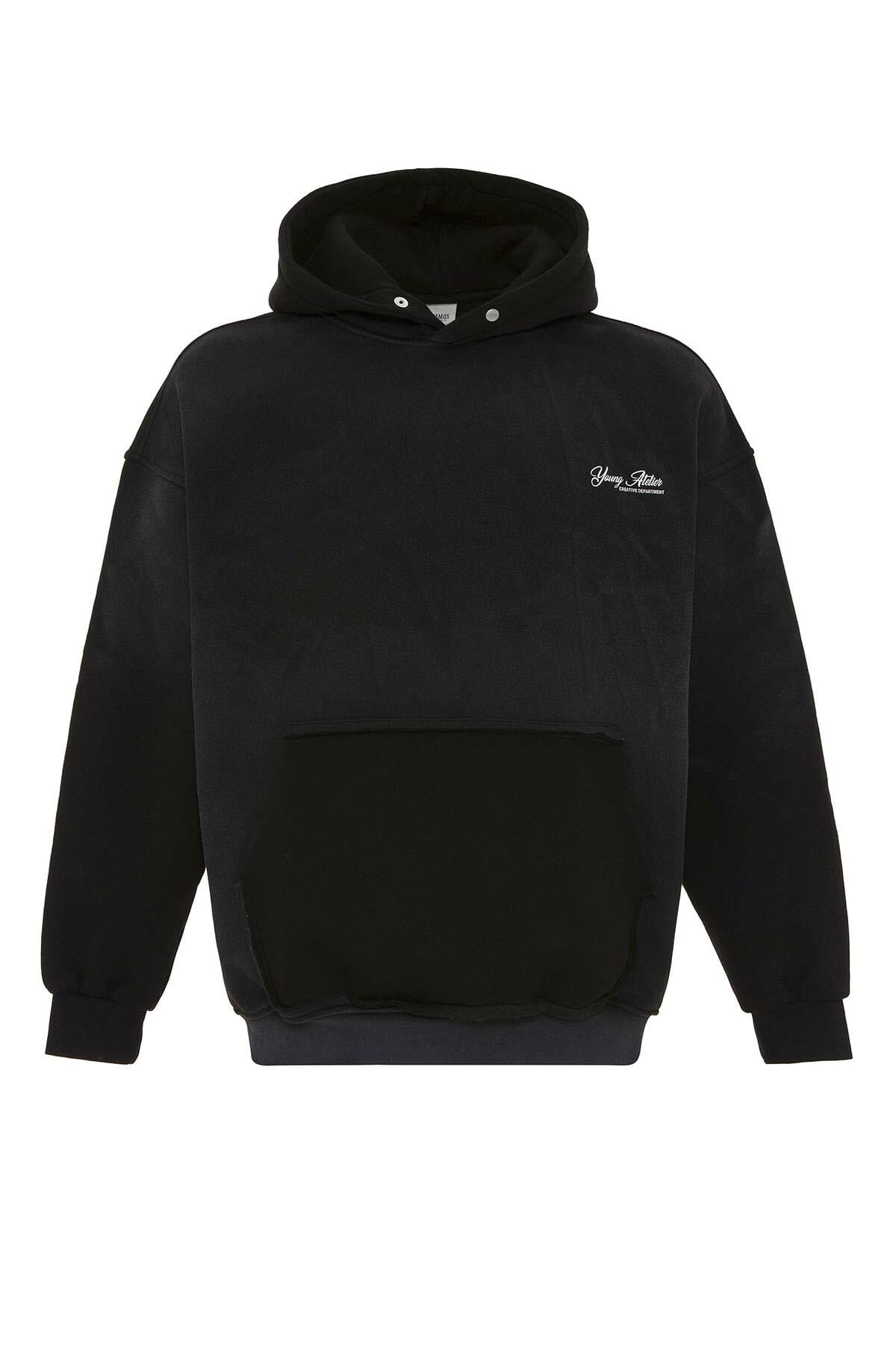 Yıkamalı Oversize Kapüşonlu Sweatshirt Siyah
