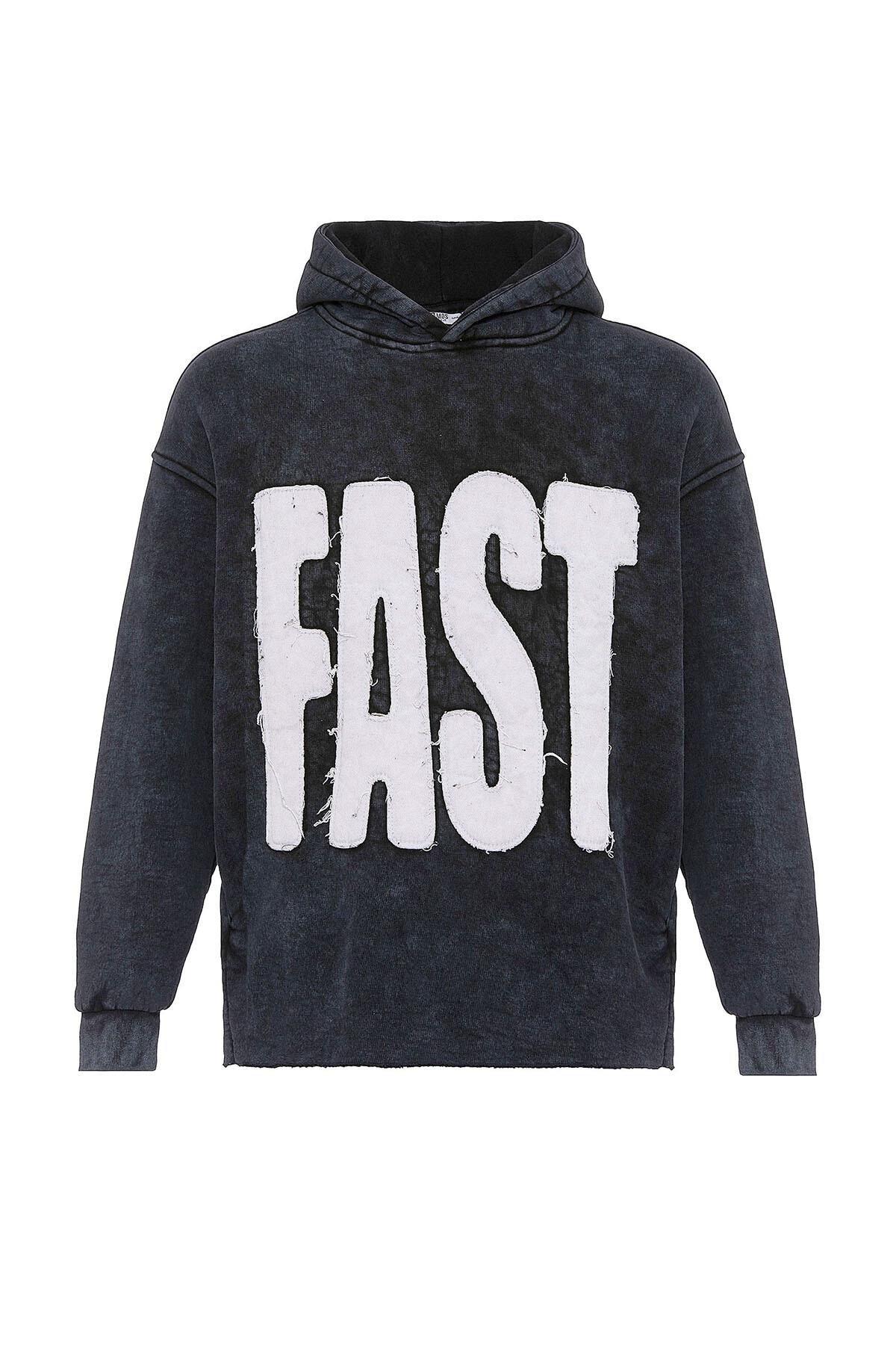 Yıkamalı Oversize Kapüşonlu Sweatshirt Siyah