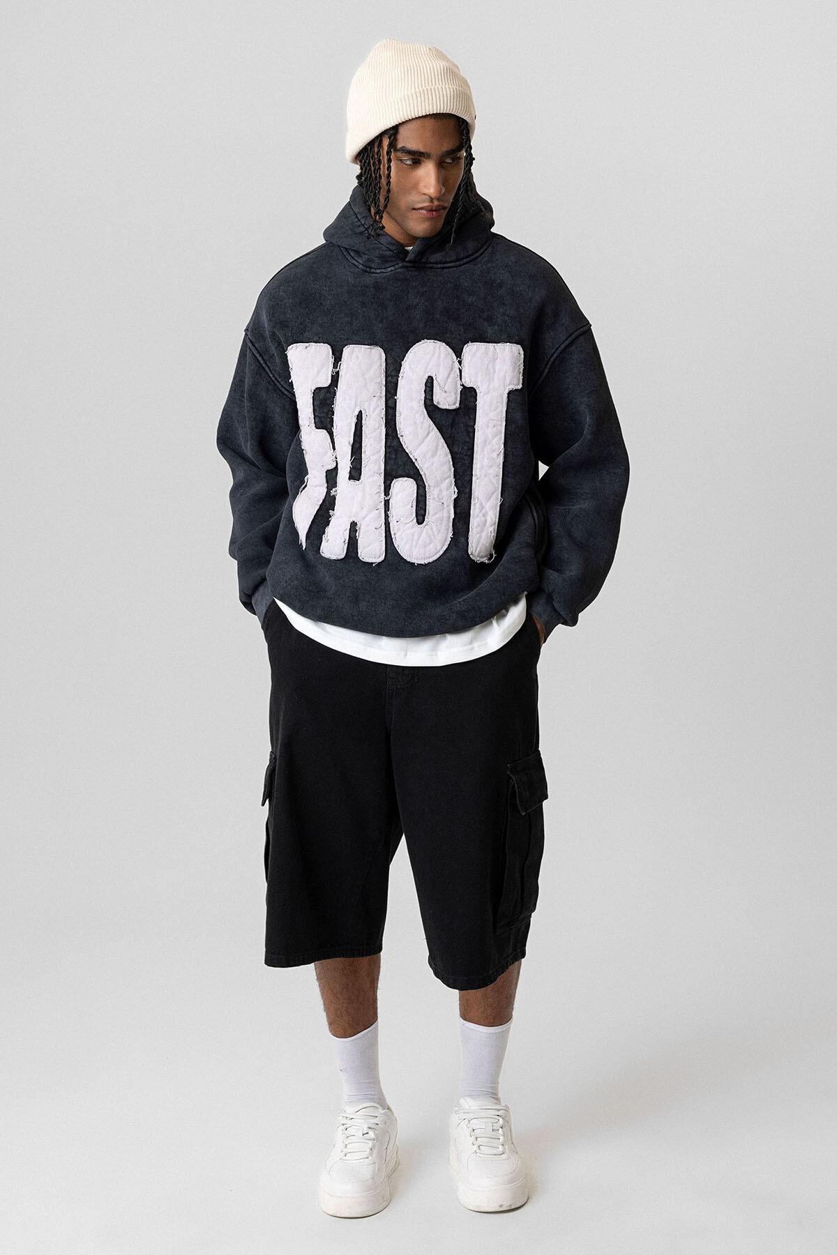 Yıkamalı Oversize Kapüşonlu Sweatshirt Siyah