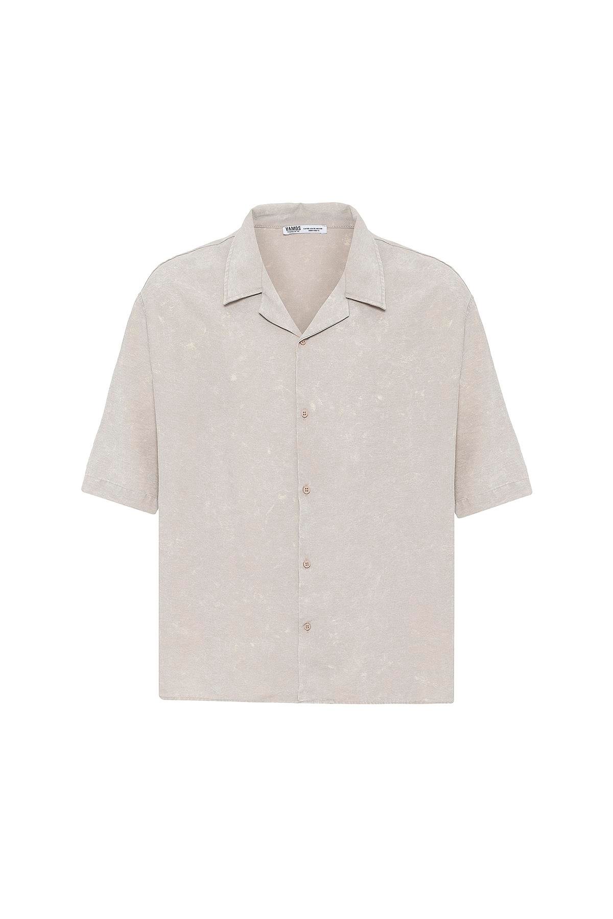 Yıkamalı Oversize Kısa Kol Gömlek Bej