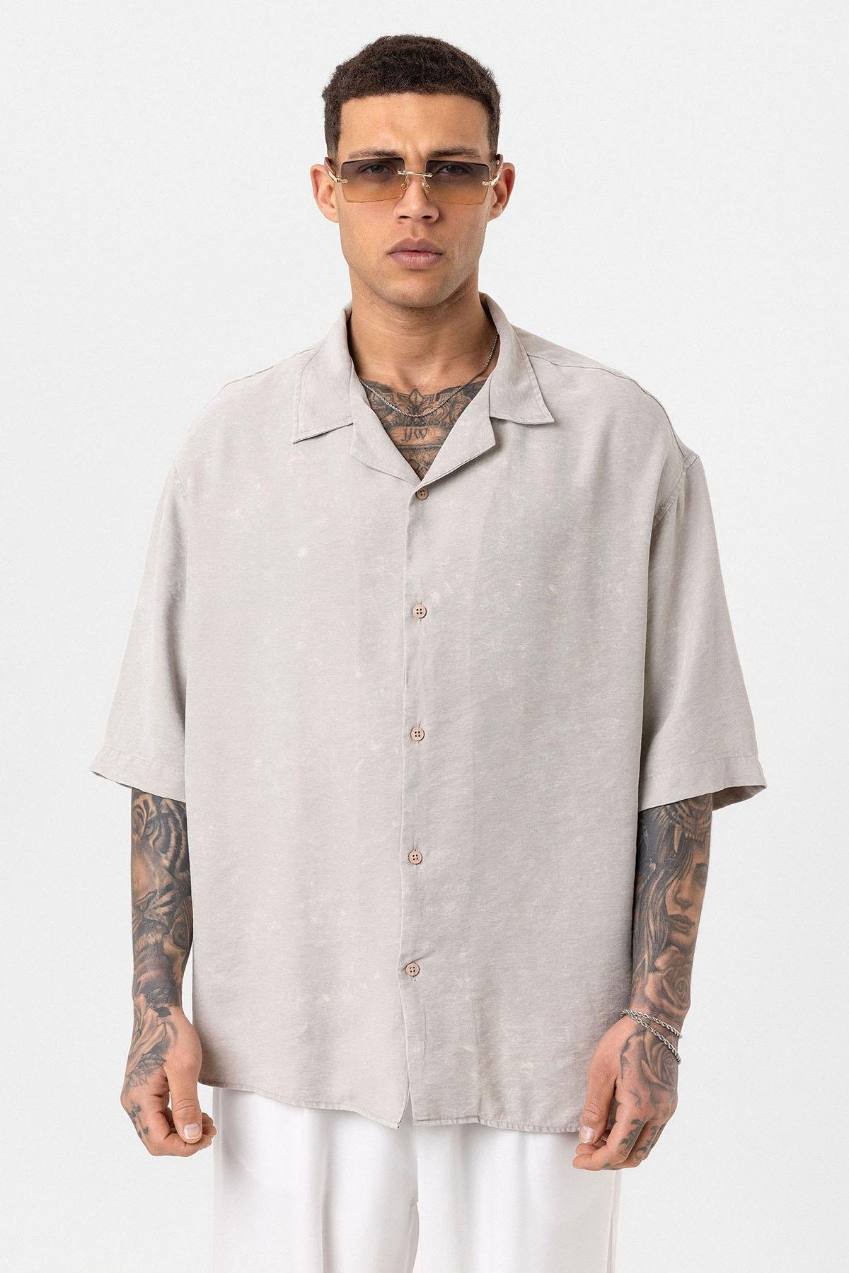 Yıkamalı Oversize Kısa Kol Gömlek Bej