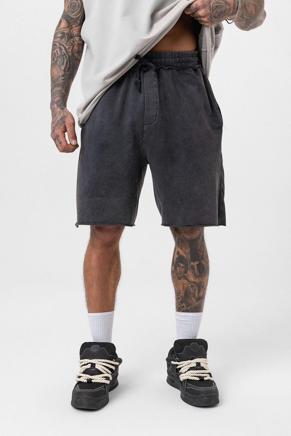 Yıkamalı Oversize Şort Siyah