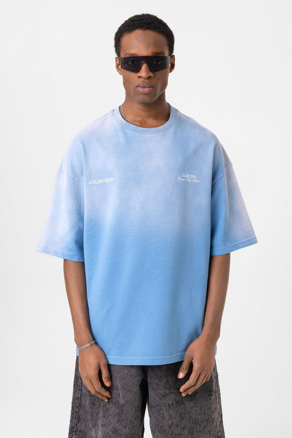 Yıkamalı Oversize Tişört Mavi