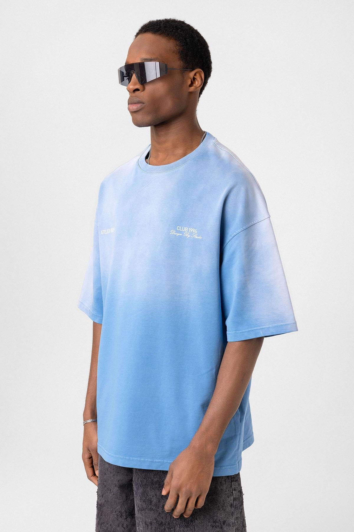 Yıkamalı Oversize Tişört Mavi