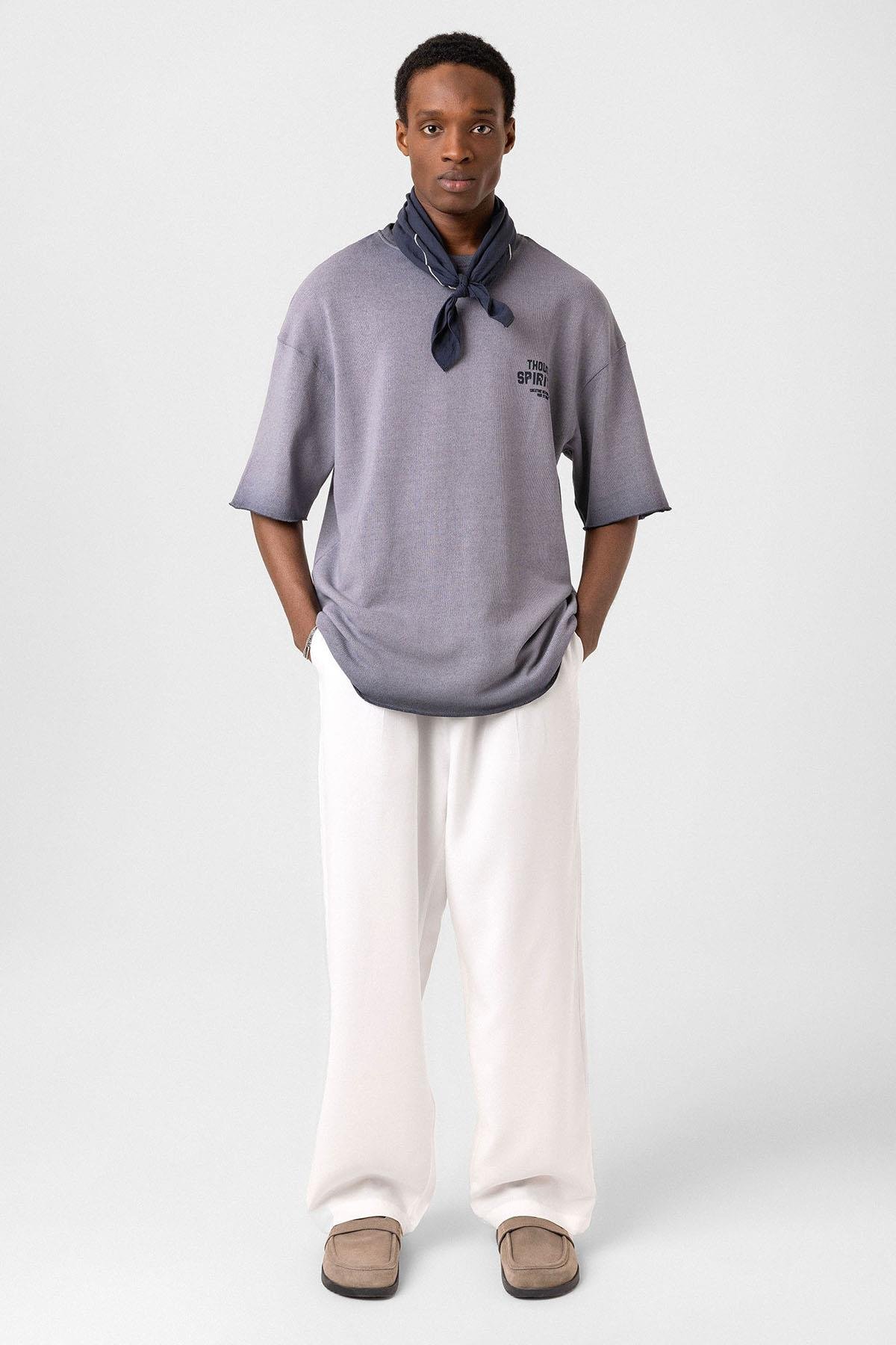 Yıkamalı Oversize Triko Tişört Gri