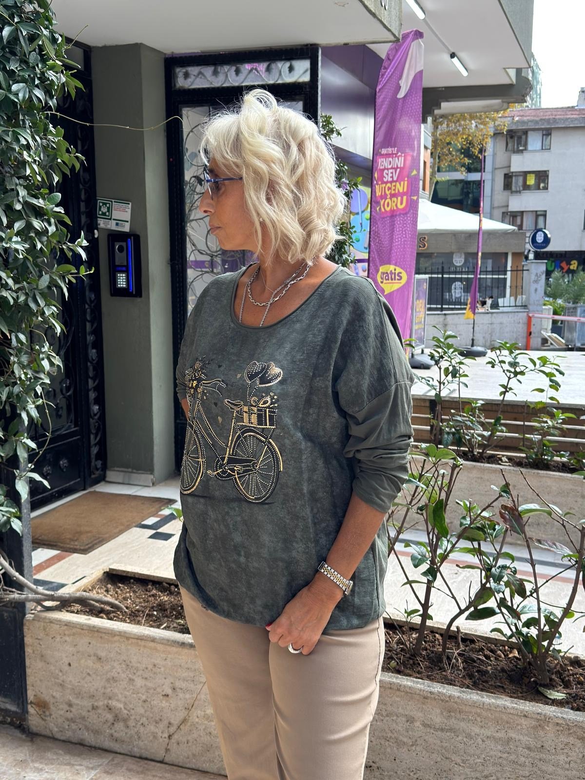 Bisiklet Baskılı Batik Kazak