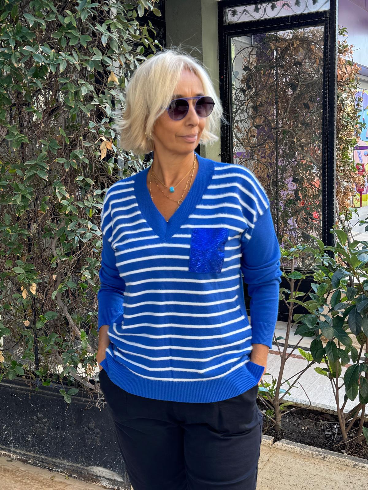 Cep Payetli V Yaka Triko Bluz