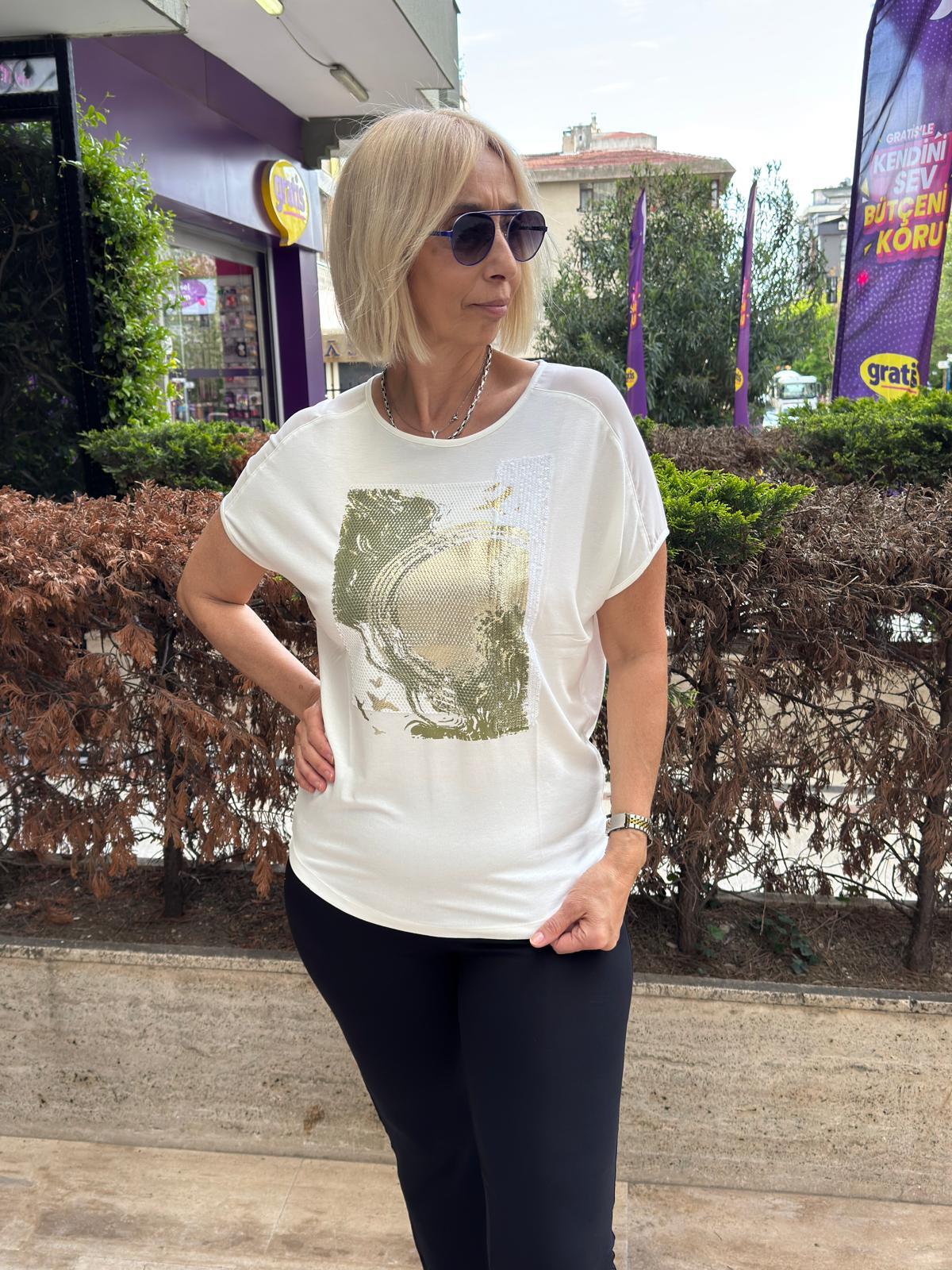 Fileli Baskılı Payetli Tshirt