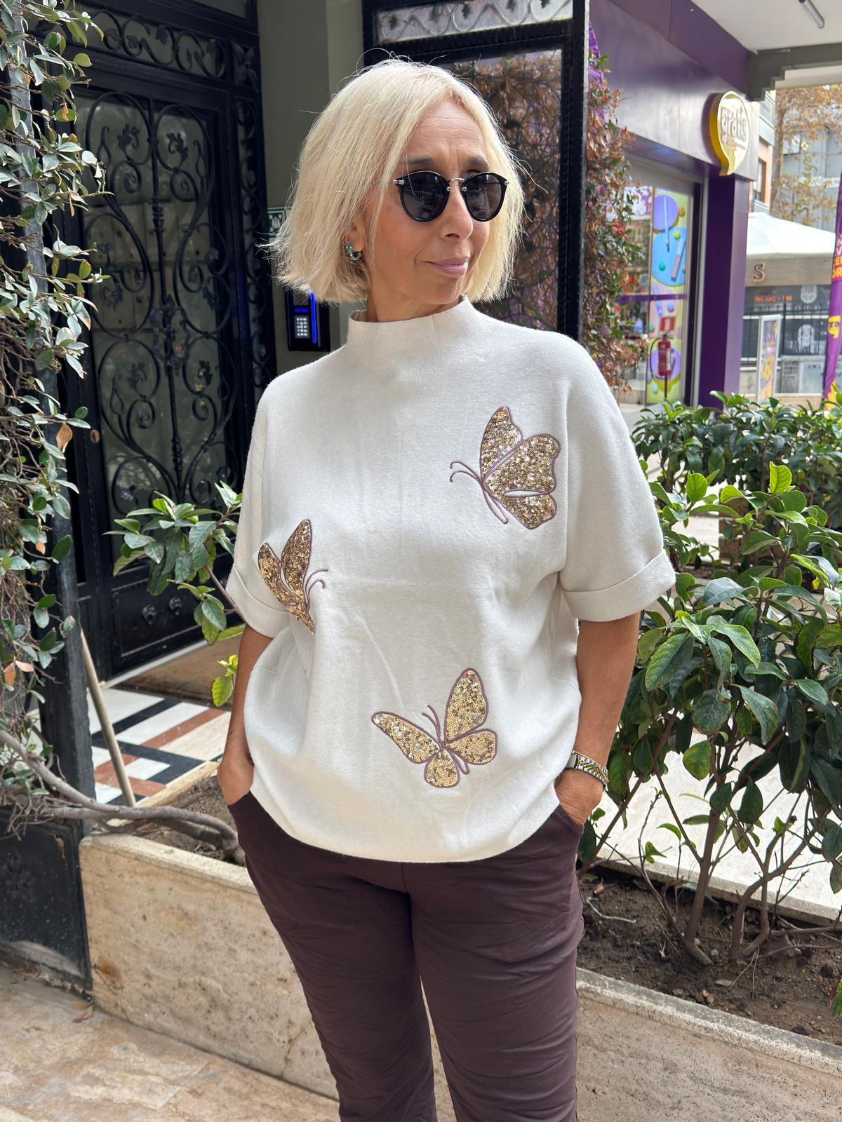 Kelebek Payetli Yarım Balıkçı Triko Bluz 