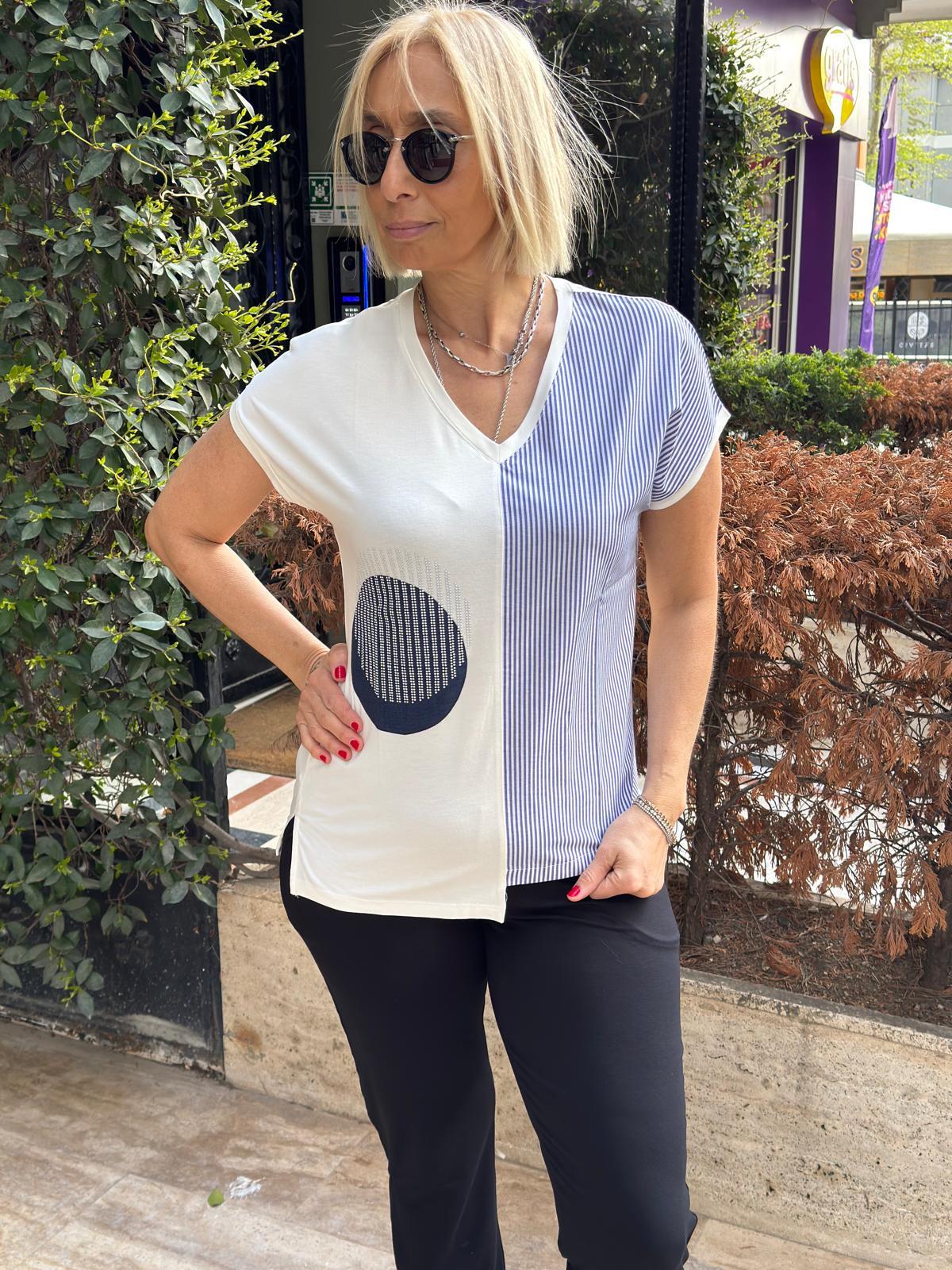Peçli Taş Baskılı Çizgili Tshirt