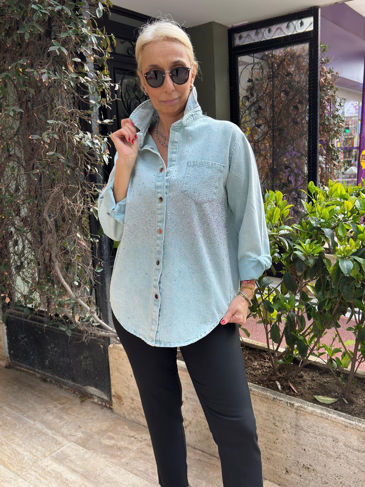 Taşlı Jeans Kot Gömlek