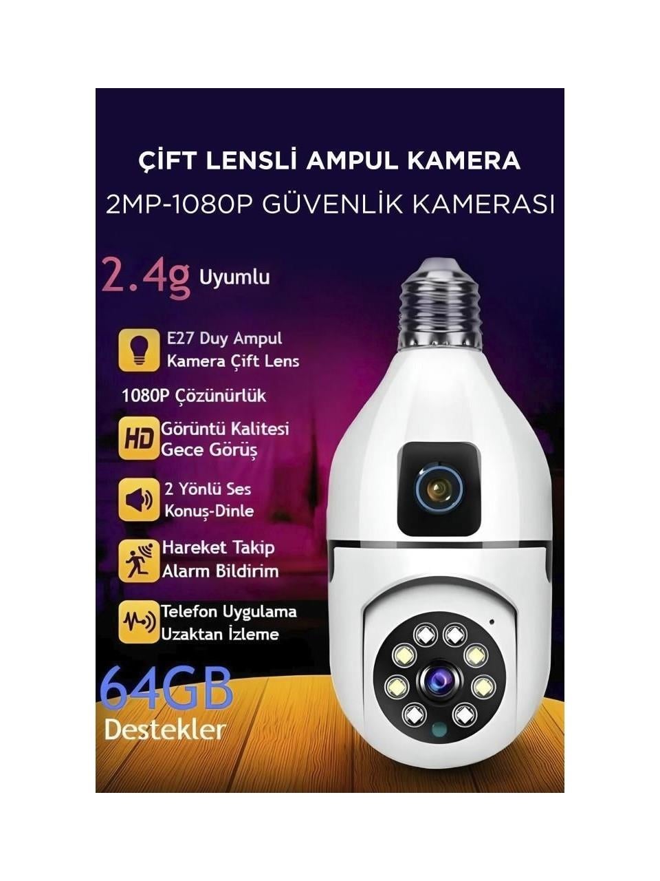 CMR-13 Çift Kameralı 360° Full Hd 1080p Ampül Smart Ip Güvenlik Kamerası