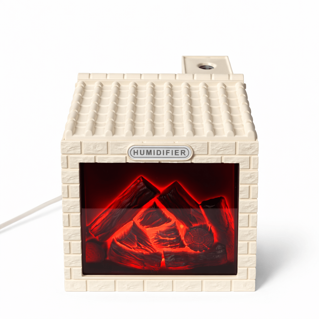 Ferro E354 Kömür Evi Tasarımlı Gece Lambalı Sessiz 200ML LED Işıklı Mini Hava Nemlendirici Oda Kokusu Krem