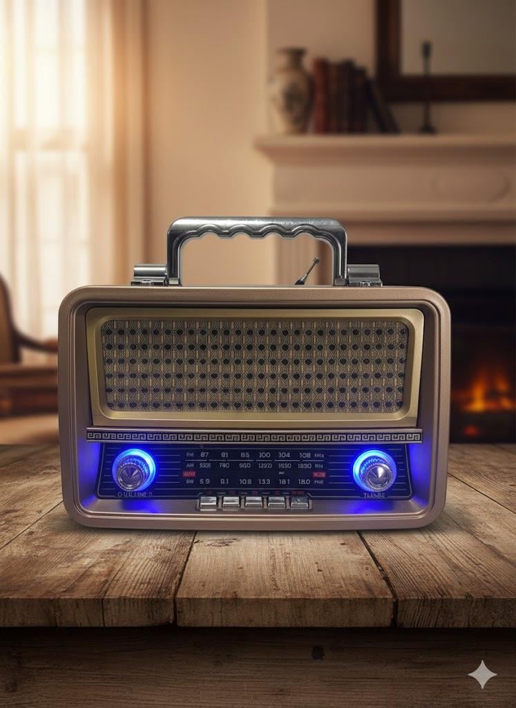 Ferro M-1919BT Nostaljik Radyo Görünümlü LED Işıklı Bluetooth,Hafıza Kartı,Usb Bellek,Aux Ve Radyo Destekli Hoparlör Gold