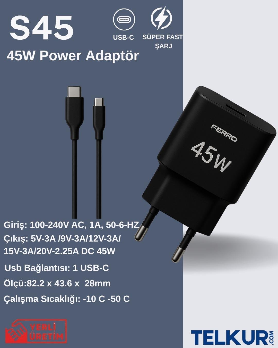 FERRO S45 Siyah 45W usb-c Çıkışlı Süper Hızlı Şarj Adaptör Başlık - Typec & Typec 1m Kablo Seti 