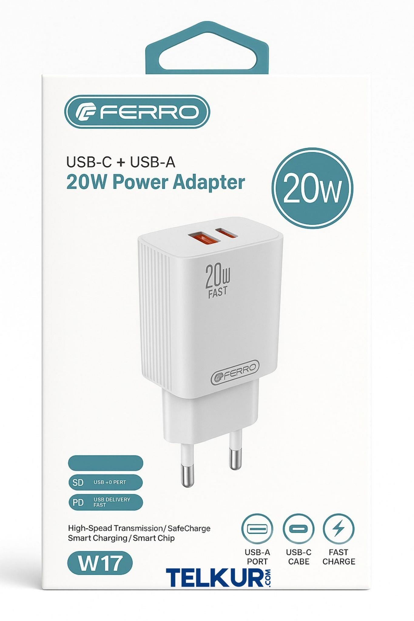FERRO W17 Qualcom 3.0 USB+PD Şarj Adaptörü 20W