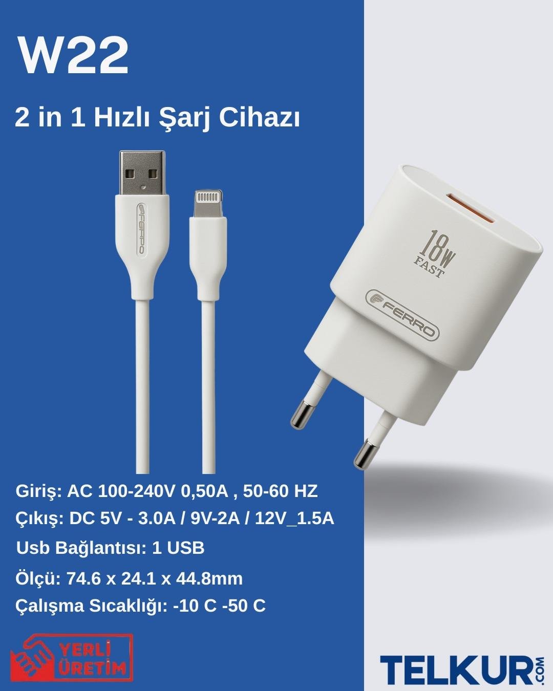 FERRO W22 Qualcom IPhone Uyumlu 18w 3.0 Lightning Hızlı Şarj Seti