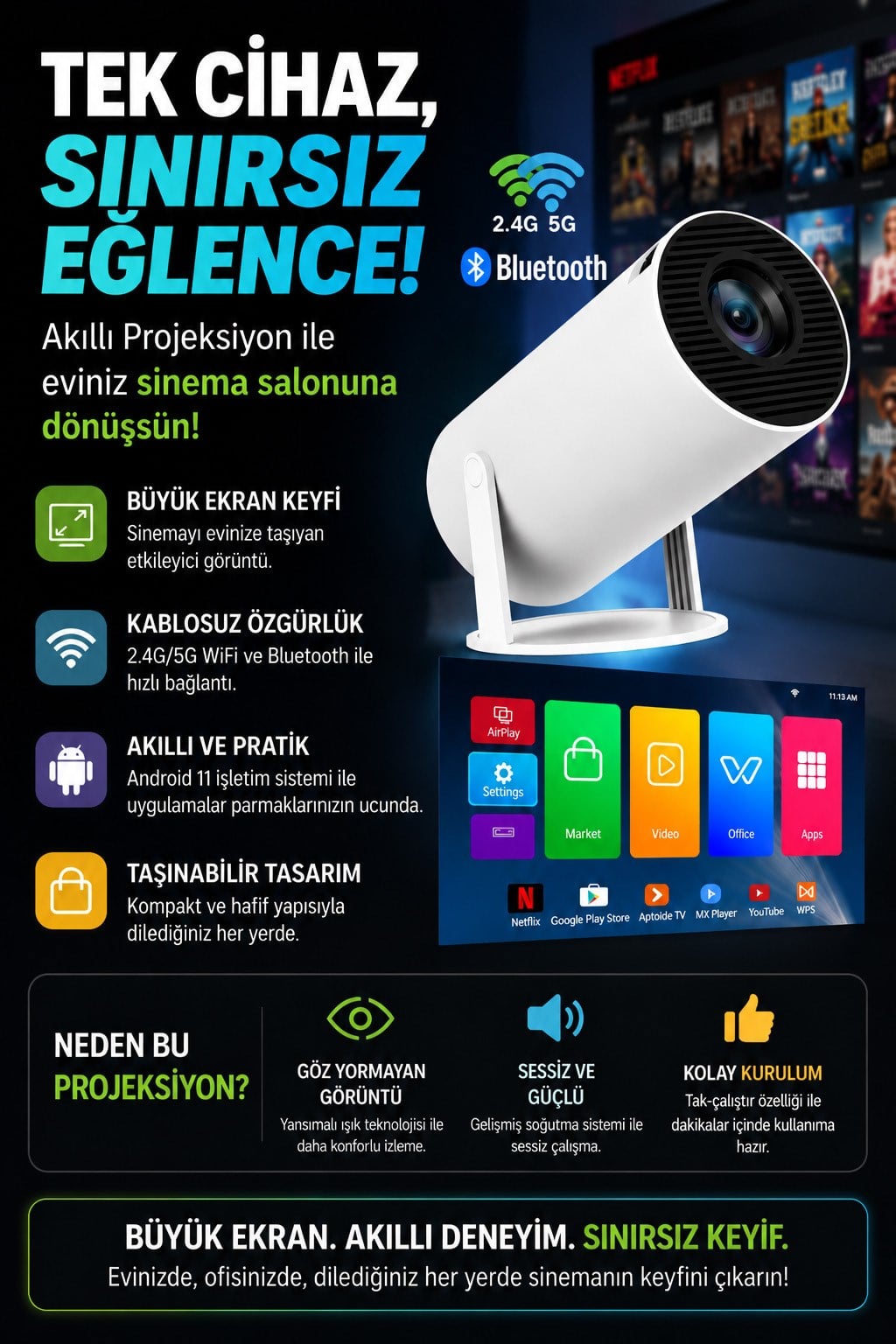 HY300 Pro Taşınabilir Sinema Projektörü Ev Sineması Bluetooth Android 11 Akıllı Projeksiyon Wifi Beyaz