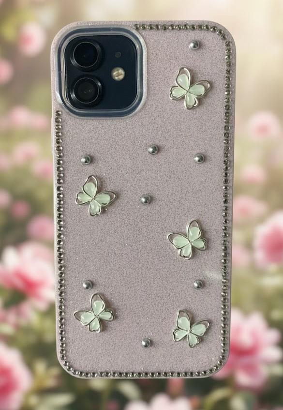 İPhone 12-12 Pro Uyumlu Kelebek Figürlü Simli İnci Taşlı Lüx Silikon Kılıf Pembe