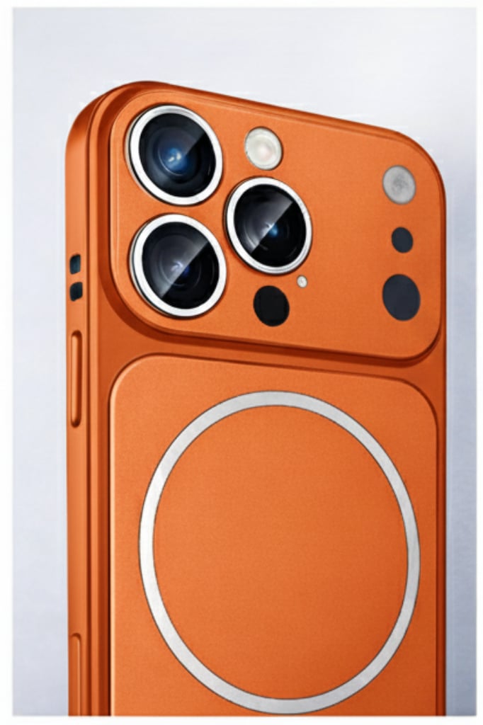 İPhone 13 Pro Max Uyumlu İPhone 17 Pro Max Görünümlü Magsafeli Kamera Kamera Lensli Kılıf Turuncu