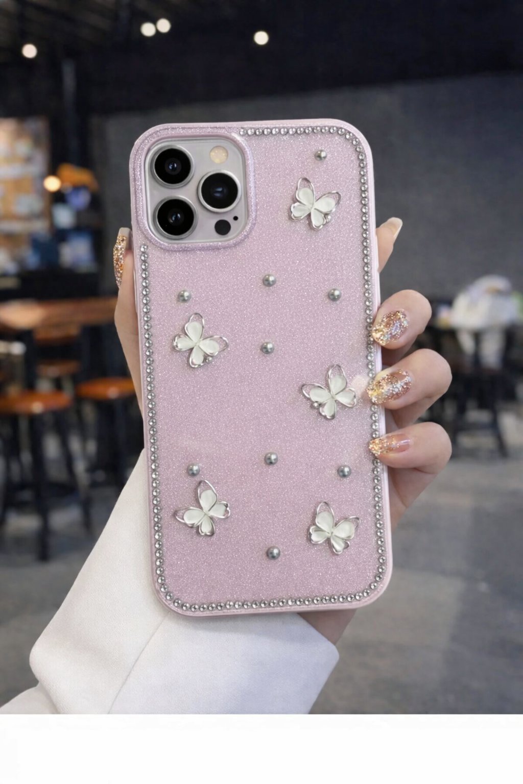 İPhone 14 Pro Max Uyumlu Kelebek Figürlü Simli İnci Taşlı Lüx Silikon Kılıf Pembe