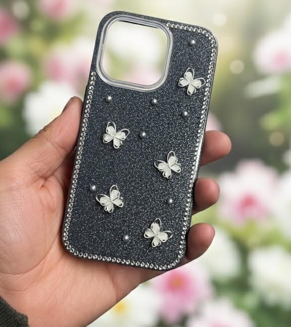 İPhone 14 Pro Uyumlu Kelebek Figürlü Simli İnci Taşlı Lüx Silikon Kılıf Siyah