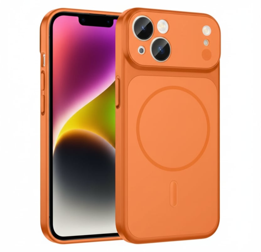 İPhone 14 Uyumlu İPhone 17 Görünümlü Magsafeli Kamera Kamera Lensli Kılıf Turuncu