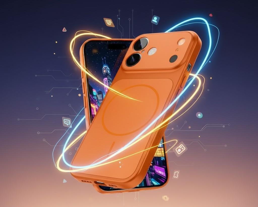 İPhone 16 Uyumlu İPhone 17 Görünümlü Magsafeli Kamera Kamera Lensli Kılıf Turuncu