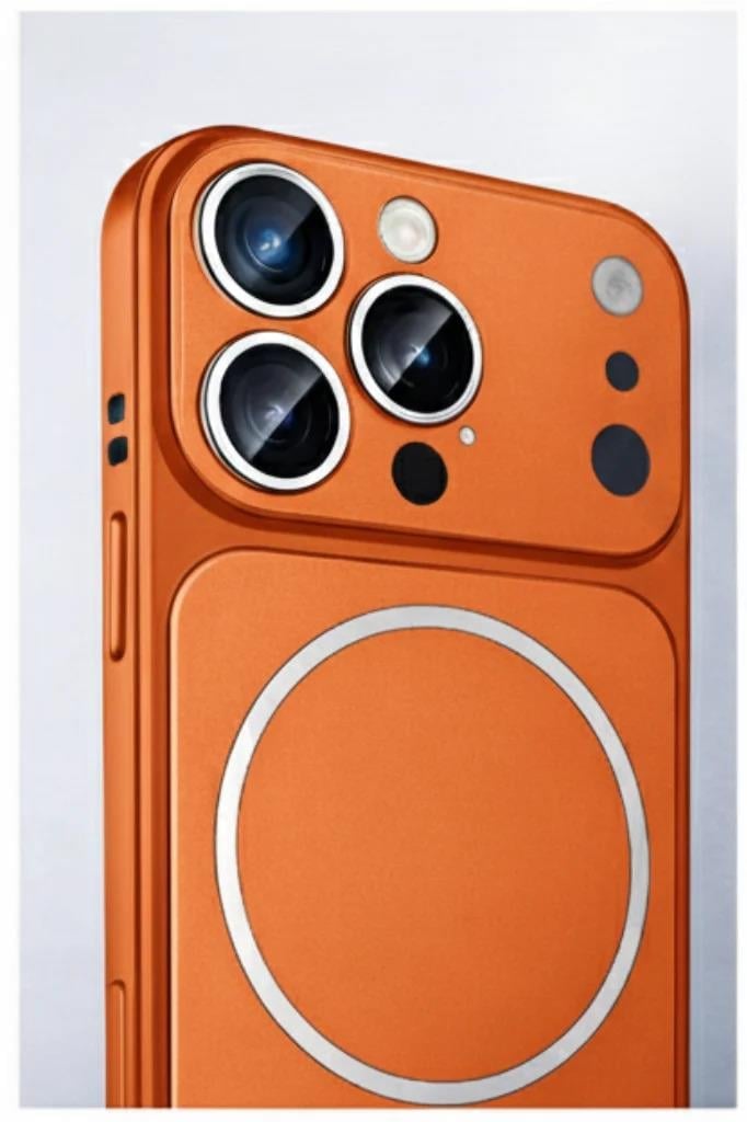 İPhone 17 Pro Uyumlu İPhone 17 Pro Görünümlü Magsafeli Kamera Kamera Lensli Kılıf Turuncu