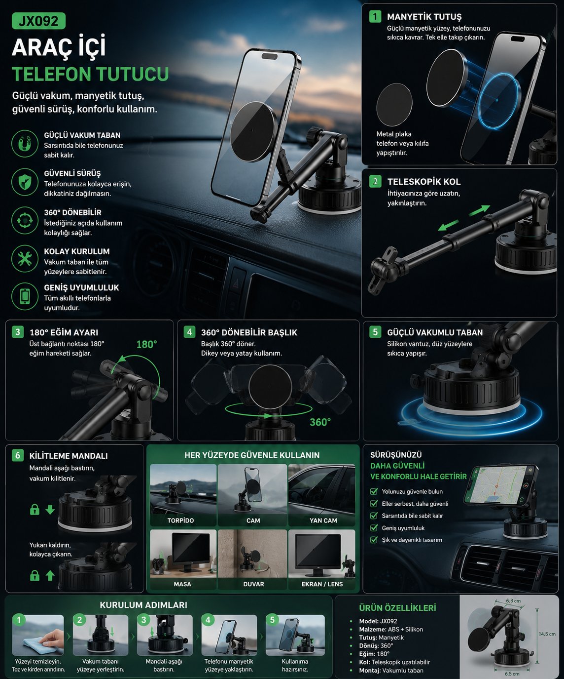 JX092 Manyetik Vakumlu Araç & Masa Telefon Standı