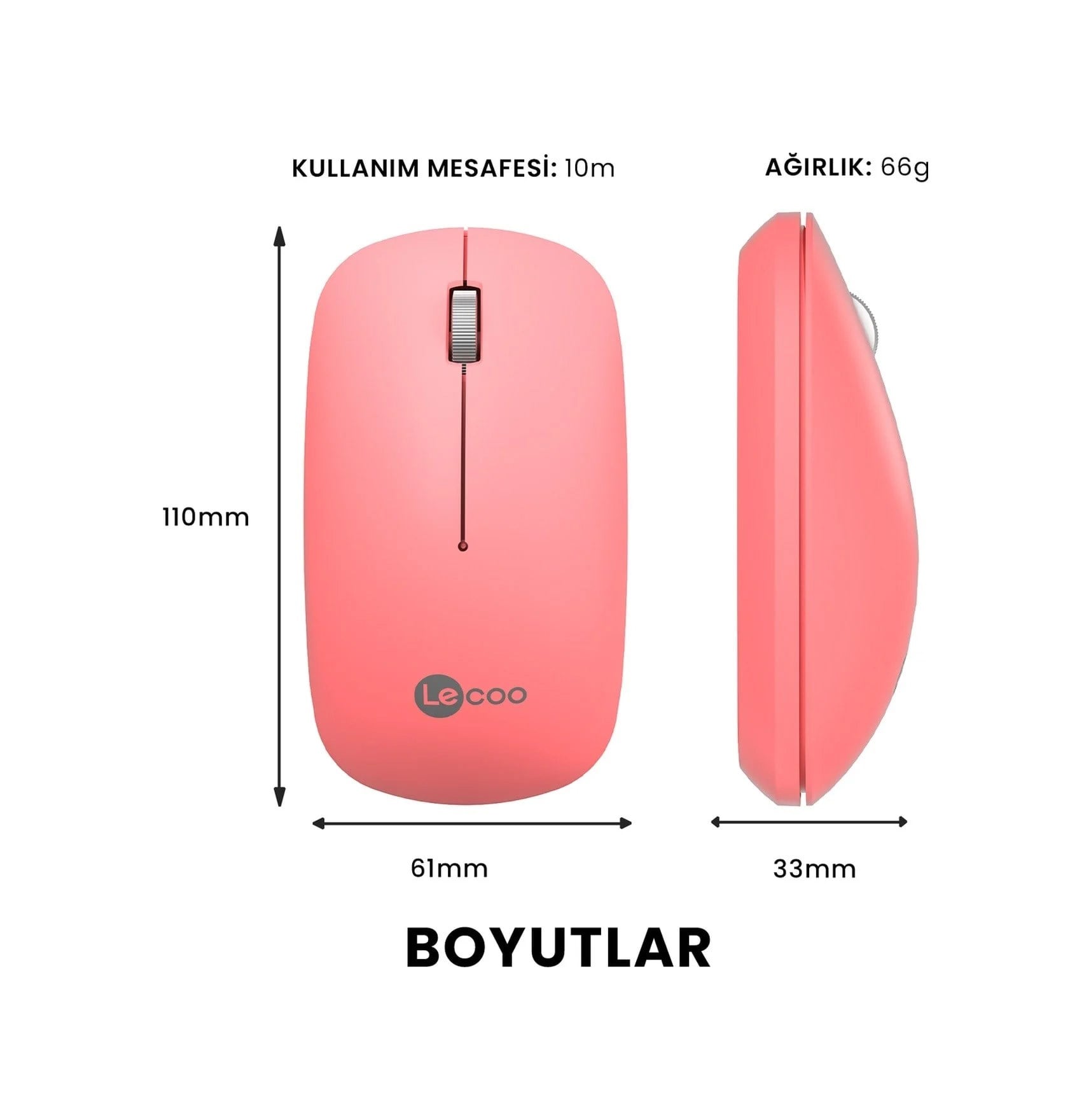 Lenovo Lecoo WS214 Sessiz Ergonomik Kablosuz Mouse – 2.4GHz Optik, USB Alıcılı, Hassas DPI, Ofis & Laptop Uyumlu (Pembe)