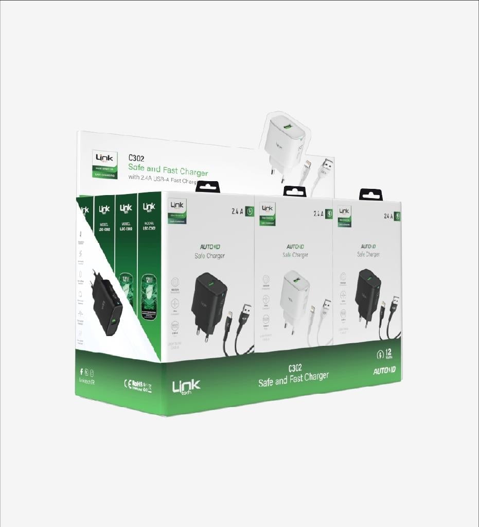 LinkTech C302 Strong 12W Lightning Kablolu Hızlı Şarj Adaptörü  Beyaz