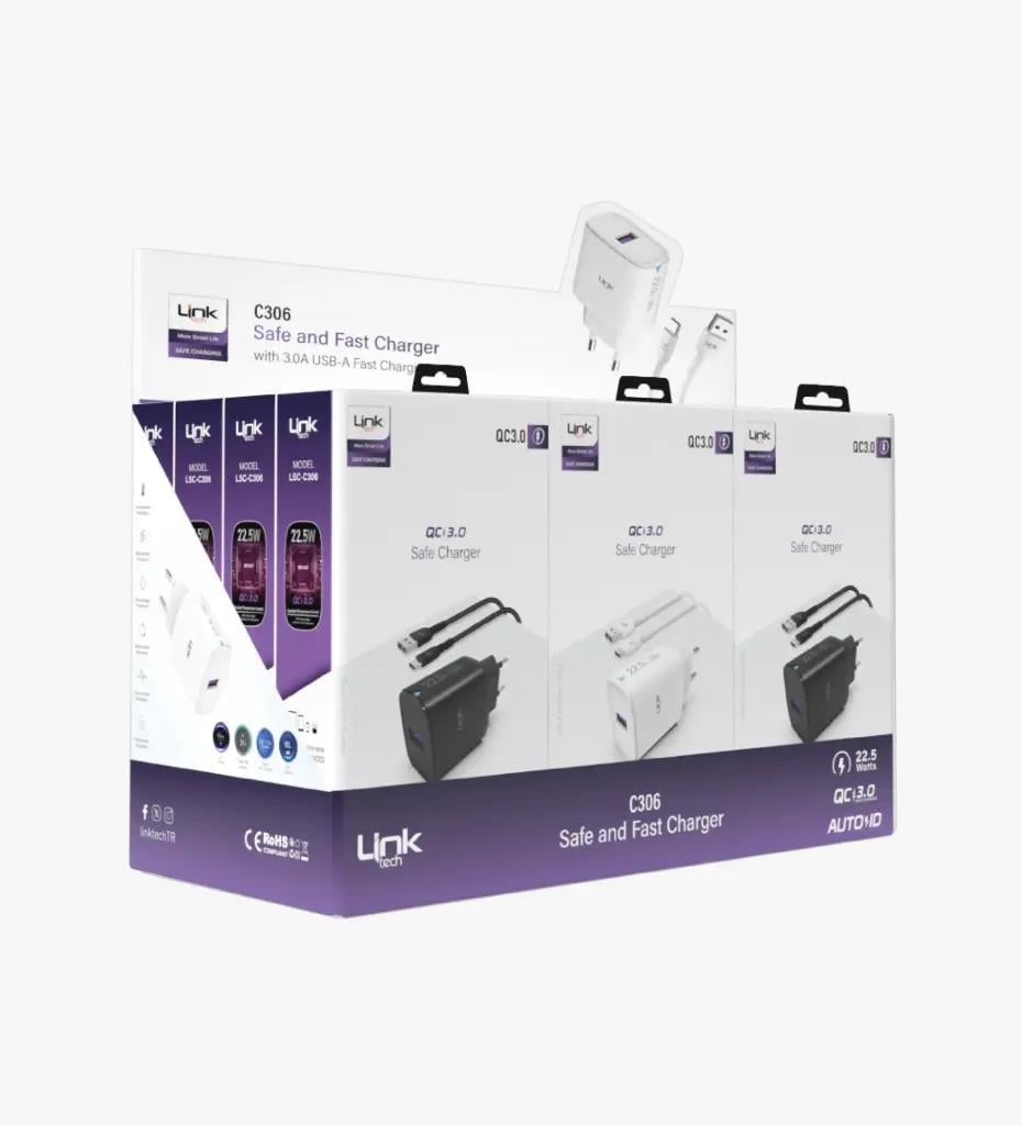 LinkTech C306 Safe Type-C Kablolu 22.5W Hızlı Şarj Adaptörü Beyaz