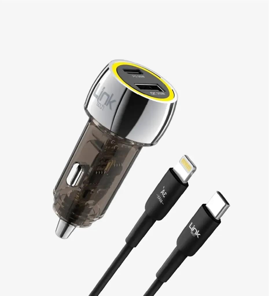 Linktech C438 Şeffaf 55W Çift PD (30W) ve QC (25W) Süper Hızlı Araç Şarj Cihazı, Type-C→Lightning Kablolu