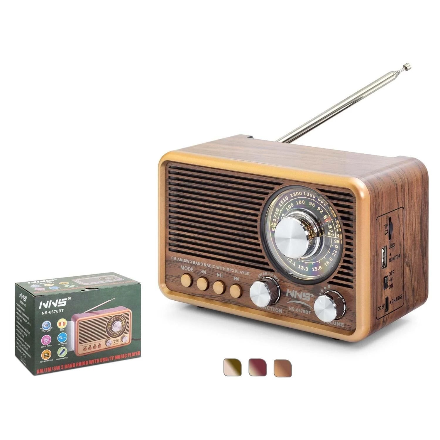 Nostaljik Radyo Görünümlü Bluetooth,Hafıza Kartı,Usb Bellek,Aux Ve Radyo Destekli Hoparlör KAHVRENGİ ( NS-6676BT )