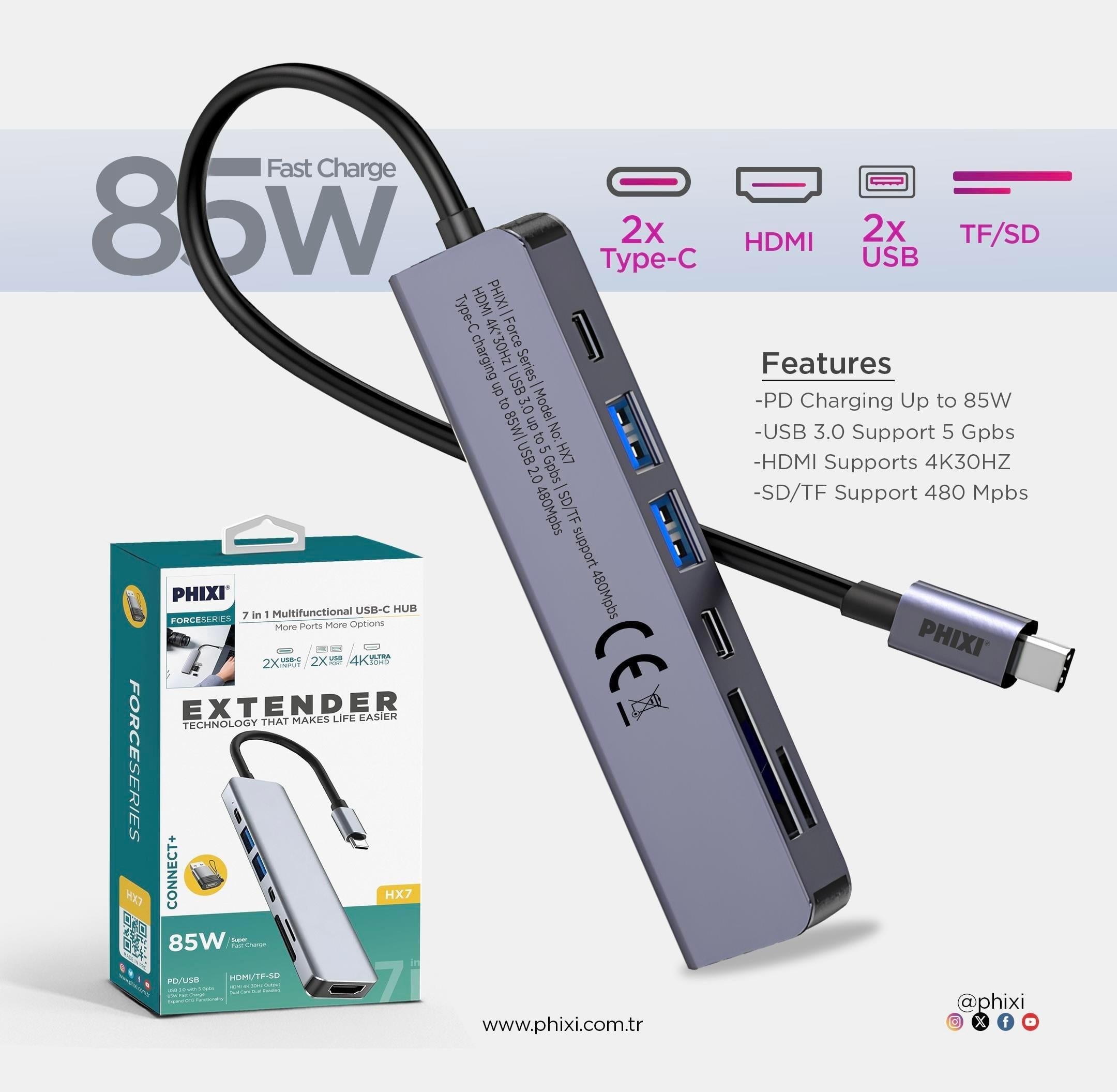 PHİXİ Force 7 in 1 USB C to HDMI VGA Ethernet Hub Çoklayıcı Hub