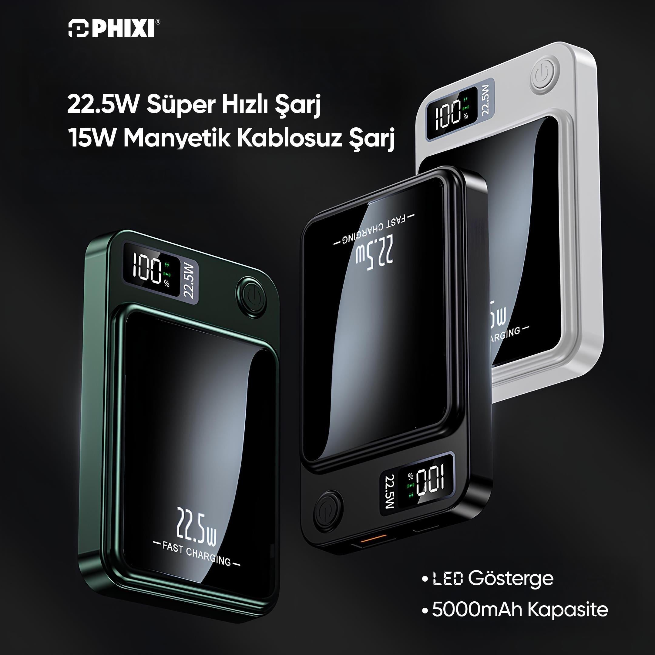 Phixi Force PW5 5000mAh 22.5W MagSafe Powerbank - Kablosuz Mini Şarj Cihazı - 1 USB 1 PD Port - Dijital Ekran - Taşınabilir Şarj Cihazı
