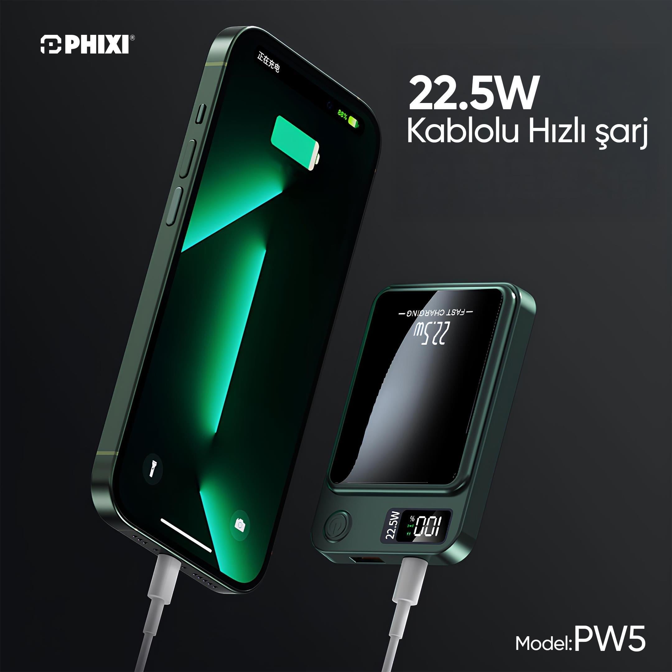 Phixi Force PW5 5000mAh 22.5W MagSafe Powerbank - Kablosuz Mini Şarj Cihazı - 1 USB 1 PD Port - Dijital Ekran - Taşınabilir Şarj Cihazı