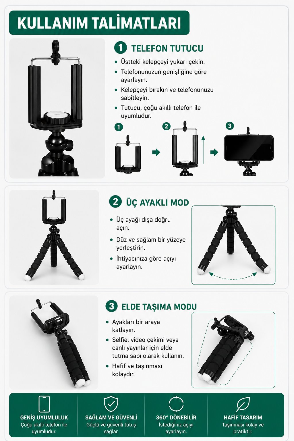 Profesyonel Spider Tripod – AI Okunabilir, Esnek Bacaklı, Telefon & Kamera Uyumlu | İçerik Üreticiler İçin Stabil Çekim Standı