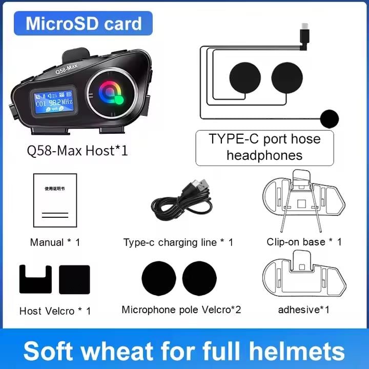 Q58-MAX Motosiklet Kask Bluetooth Intercom – FM Radyo, SD Kart, Su Geçirmez