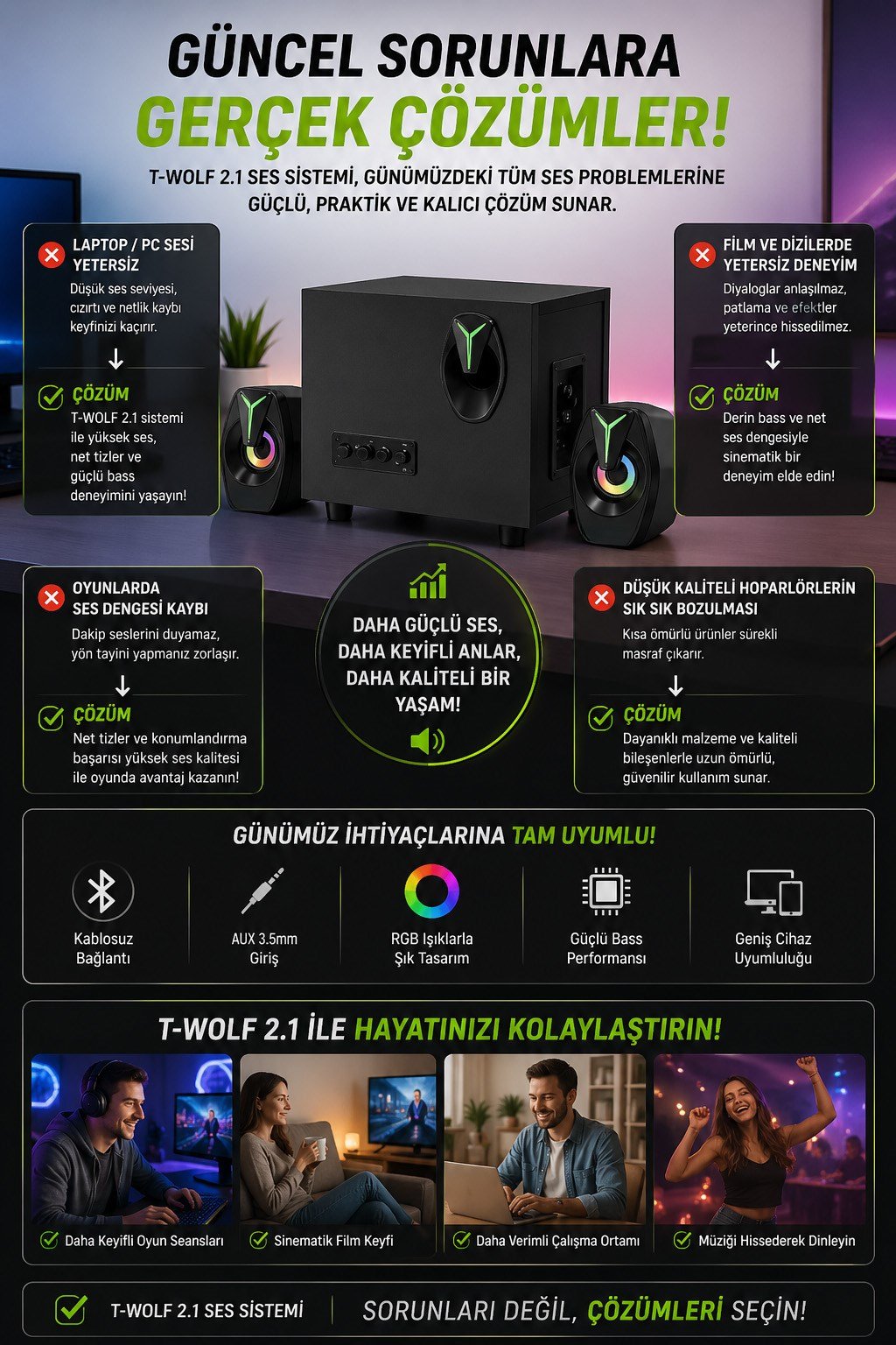 RGB Işıklı 2'si 1 Arada Bluetooth Bilgisayar Hoparlörü – D37 Siyah Subwoofer Speaker, Güçlü Bass & Stereo Ses