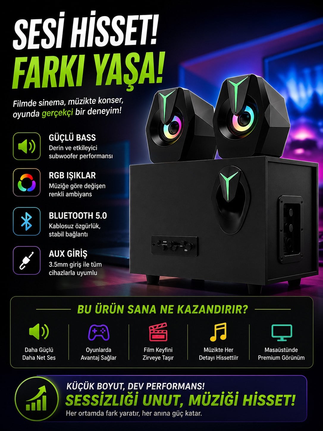 RGB Işıklı 2'si 1 Arada Bluetooth Bilgisayar Hoparlörü – D37 Siyah Subwoofer Speaker, Güçlü Bass & Stereo Ses