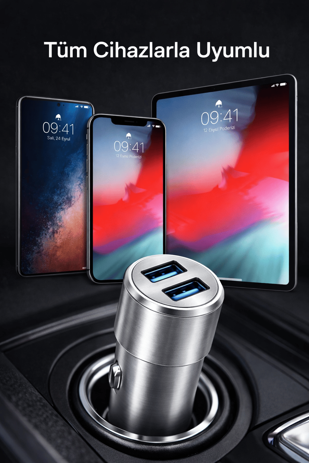 TELKUR Çift Usb Çıkışlı Metal Başlıklı Araç Şarj Cihazı ( Micro Kablo Hediyeli )