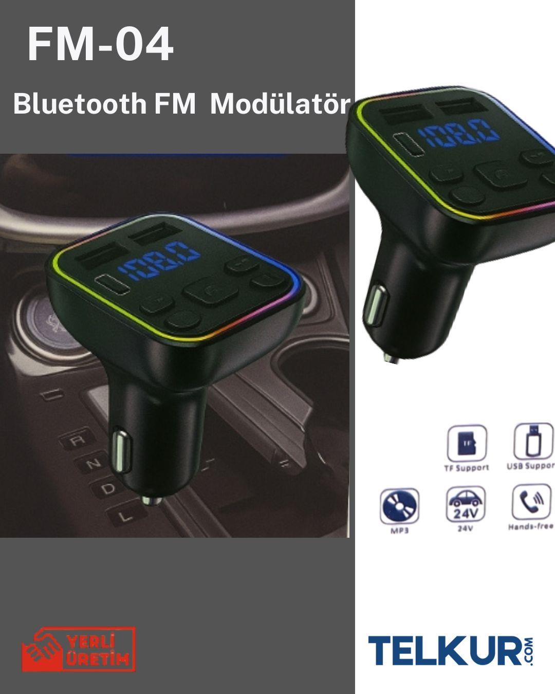 TELKUR FM-04 Araç Fm Transmitter Bluetooth USB Mp3 Sd Kart Çakmaklık Girişli LED Işıklı Araç Kiti