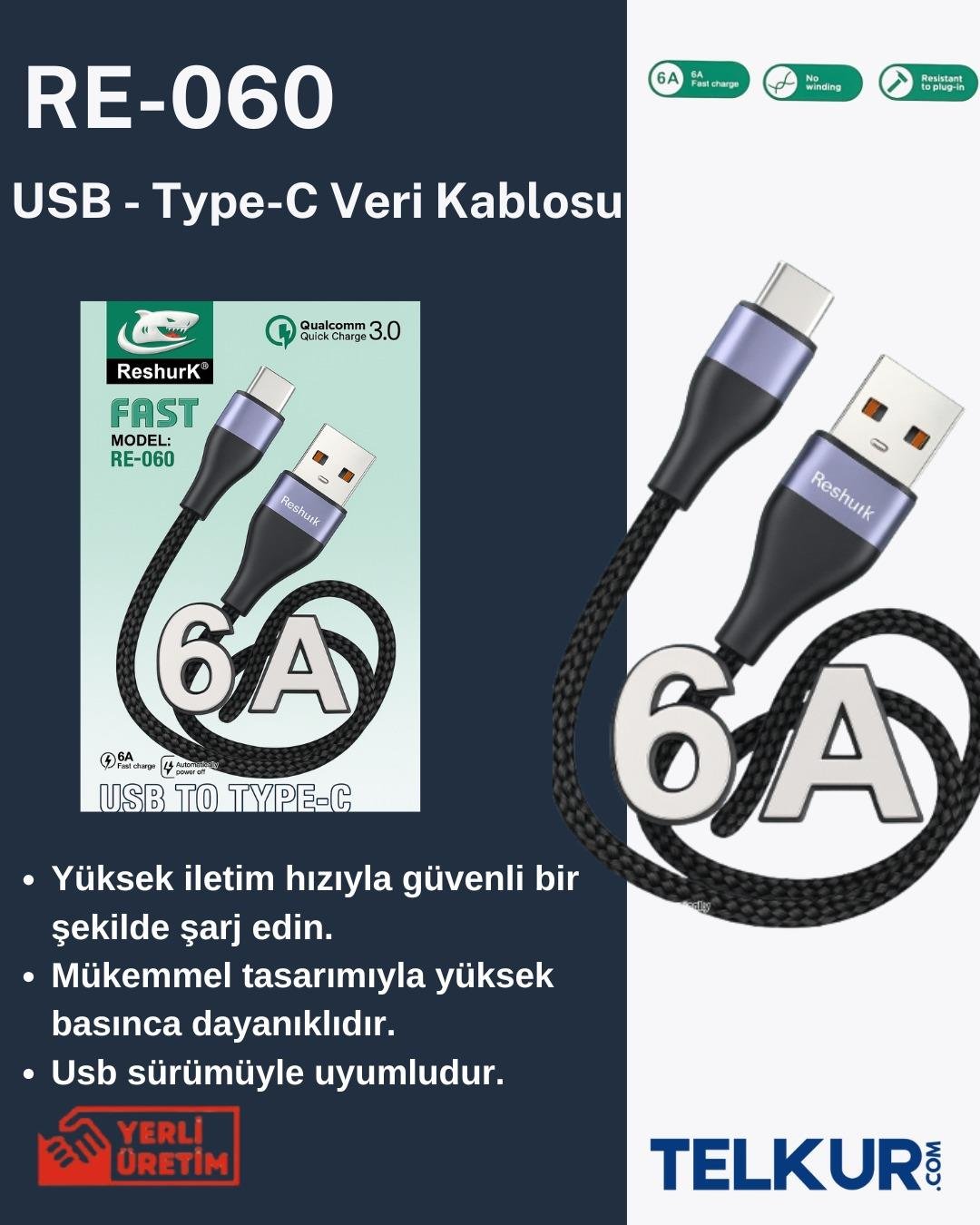 TELKUR Reshurk RE-060 Usb-c & Type-c Metal Uclu 1000cm 6A Hasır Data - Şarj Kablosu