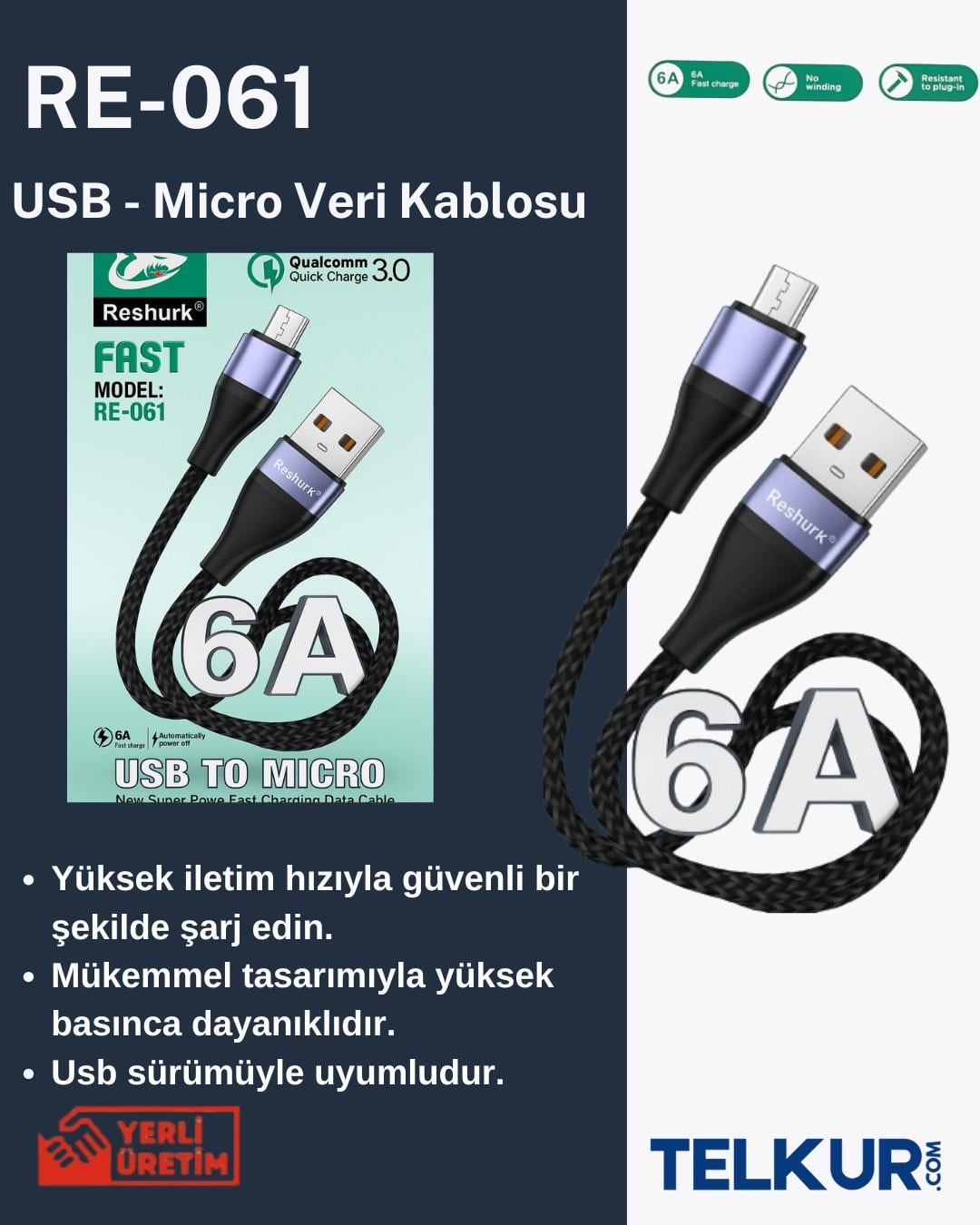 TELKUR Reshurk RE-061 Usb-c & Micro Metal Uclu 1000cm 6A Hasır Data - Şarj Kablosu