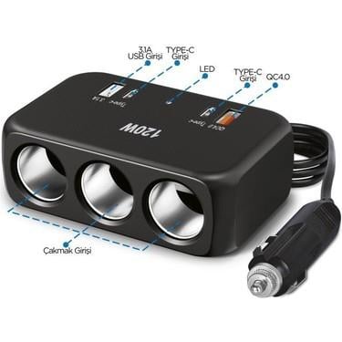 TORİMA G18 Siyah 120W Çoklu Çıkışlı Araç Şarj Cihazı – 2x Type-C, USB, QC4.0 & 3 Çakmaklık Girişli