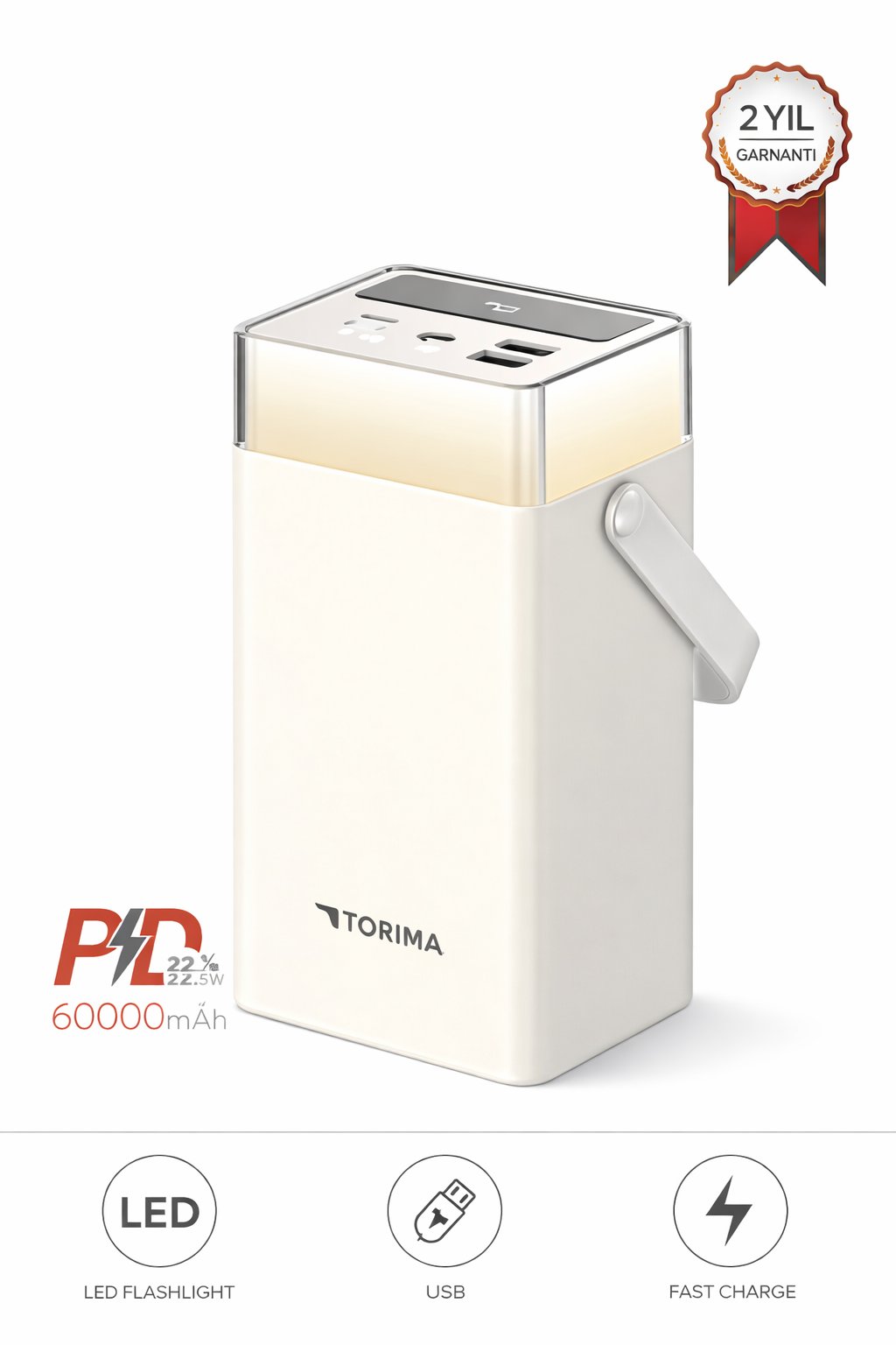 Torima TRM-1061 60.000 mAh Type-C Lightning 22,5 W Hızlı Şarj RGB Led Işıklı Powerbank Beyaz