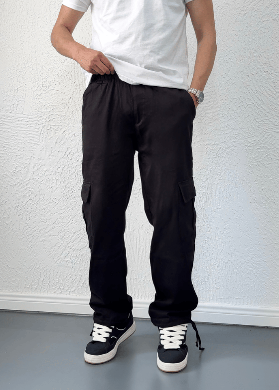 Ayarlanabilir Paça Kargo Cepli Baggy Yazlık Pantolon/ Siyah - KRG01